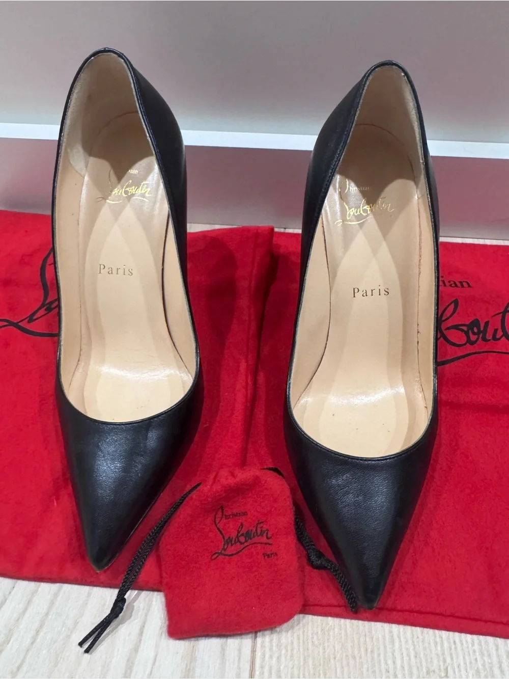 Christian Louboutin Black Leather Pointed 100mm Pumps with Red Dust Bag